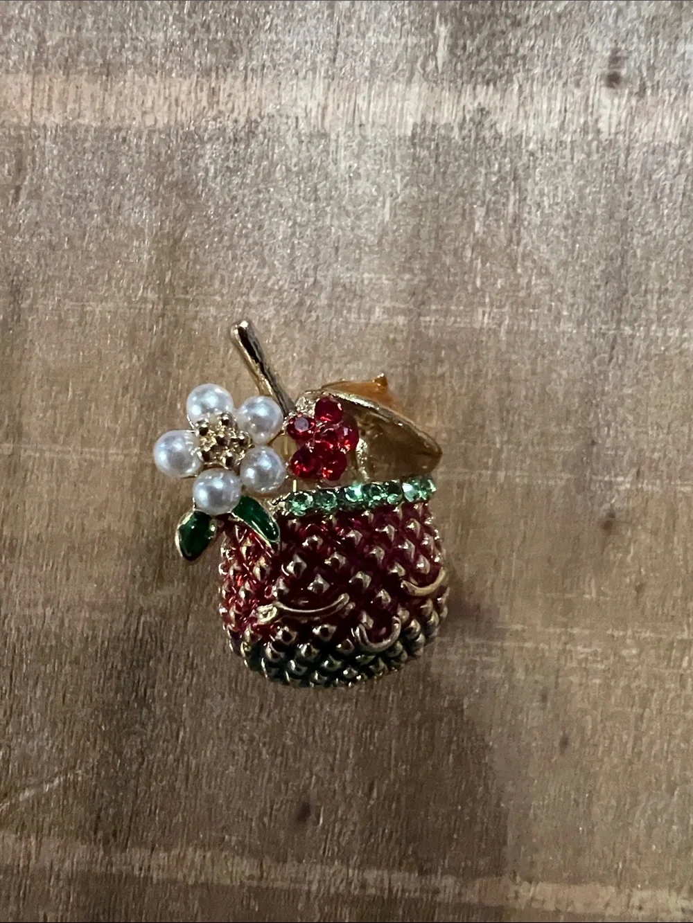 3/$18 Gold-Tone Red Basket Enamel Brooch with Pearl Flower Lot 6047